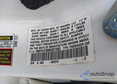 2011 Honda Civic Lx из США, поврежденный, VIN 19XFA1F50BE021053